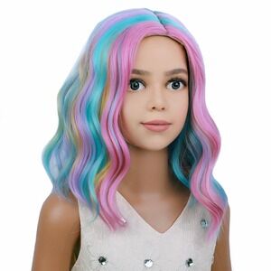 NWT Rainbow Pastel Wavy Synthetic Wig Pink Blue Yellow Shoulder Length Cosplay